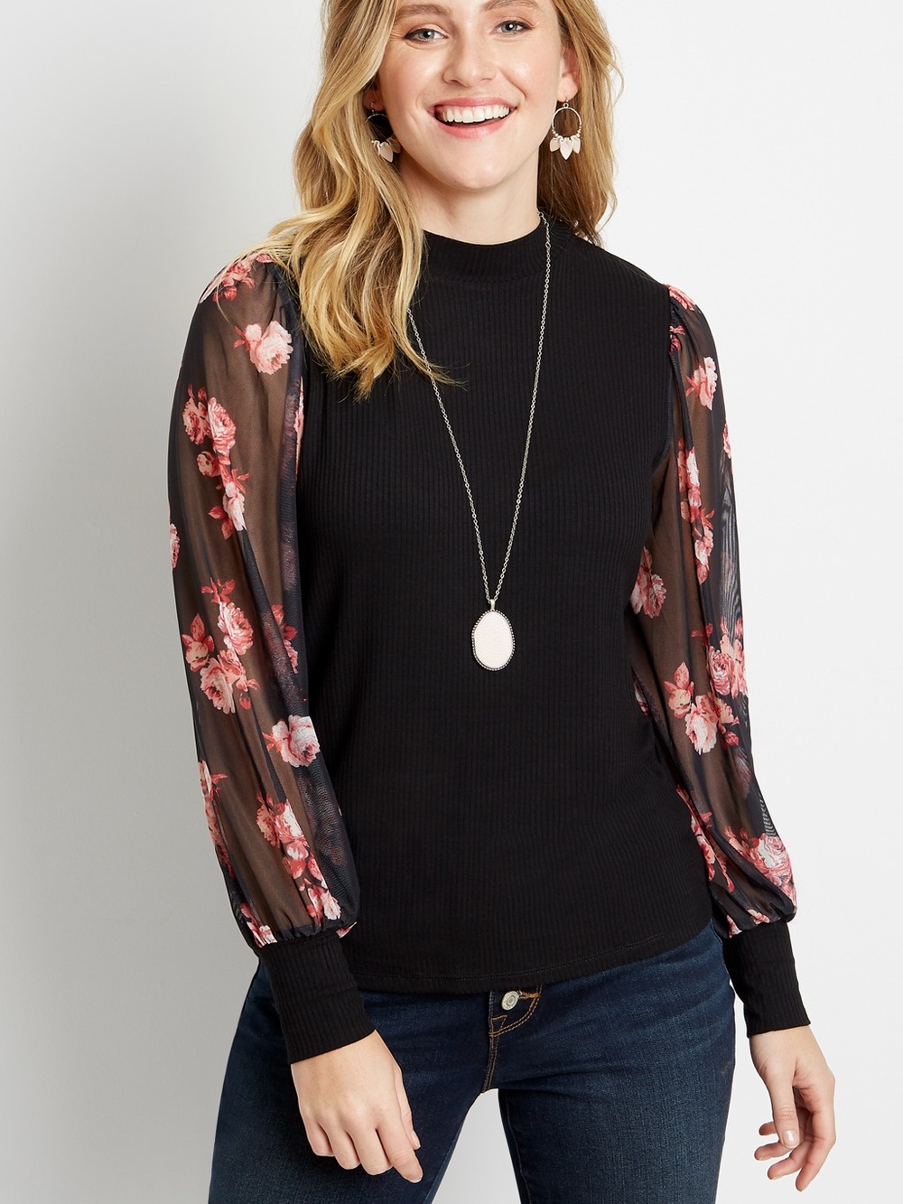 A LOVE STORY Floral Sleeve Black Mockneck Top - L